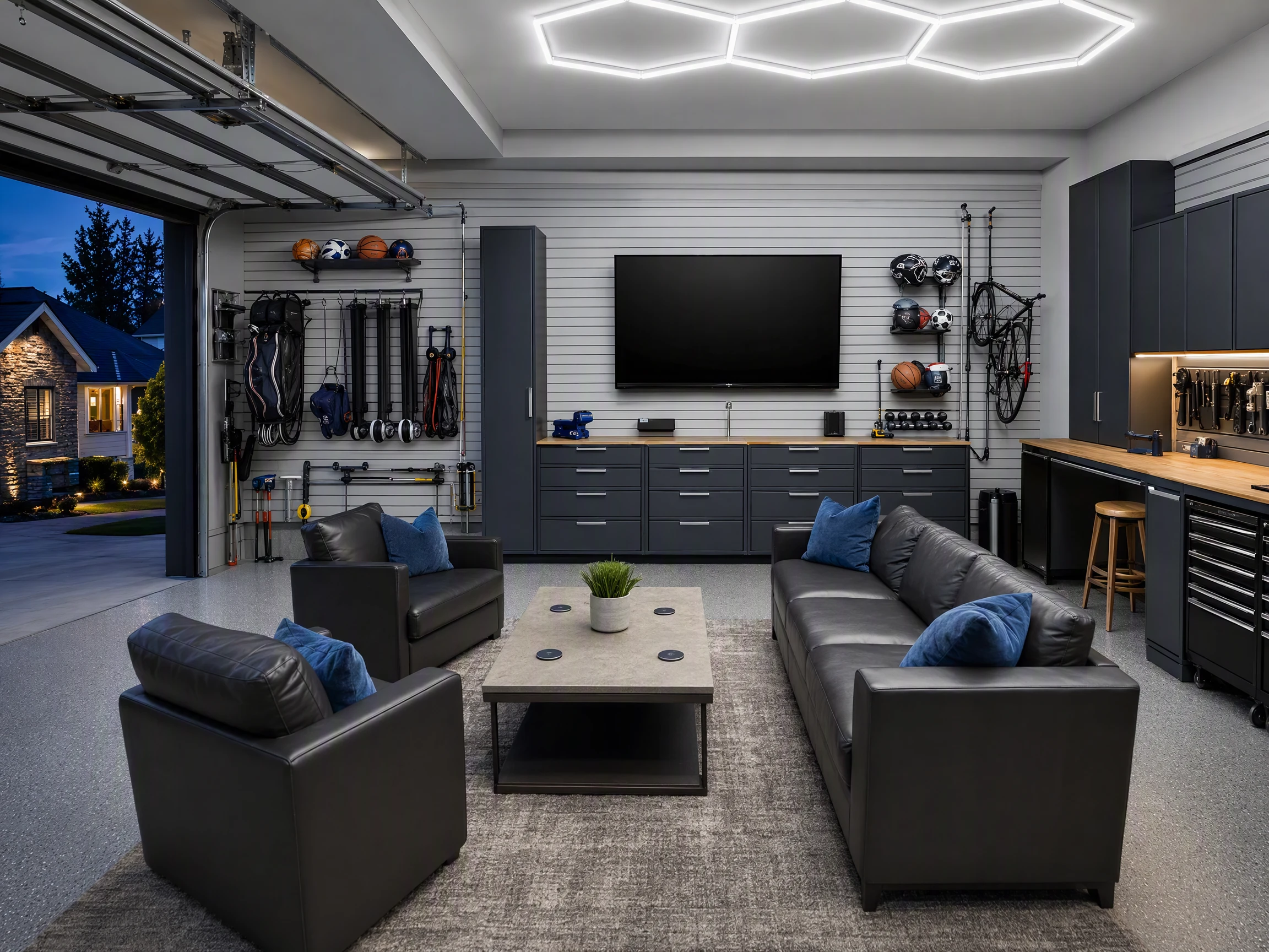 Organized renovated garage arranged as a flexible entertainment and hobby space